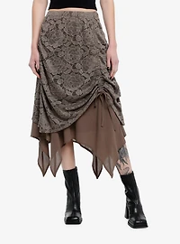 Thorn & Fable Brown Lace Ruched Hanky Hem Midi Skirt