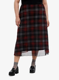 Sweet Society Grey & Red Plaid Mesh Midi Skirt Plus Skirt