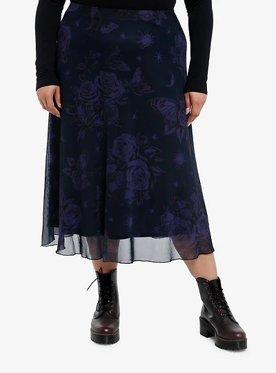 Cosmic Aura Purple & Black Floral Midi Skirt Plus Size