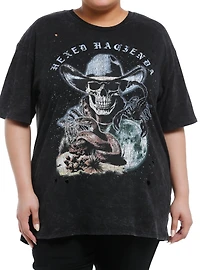 Cosmic Aura Skull Cowboy Destructed Mineral Wash Girls Oversized T-Shirt Plus Size