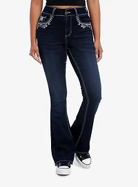 Dark Indigo Filigree Rhinestone Flare Denim Pants