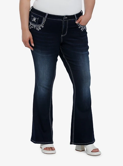 Dark Indigo Filigree Rhinestone Flare Denim Pants Plus Size