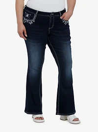 Dark Indigo Filigree Rhinestone Flare Denim Pants Plus Size