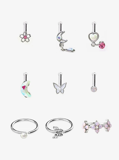 Steel Silver Sakura & Butterfly Nose Stud & Captive Hoop 9 Pack