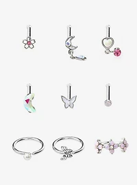 Steel Silver Sakura & Butterfly Nose Stud & Captive Hoop 9 Pack