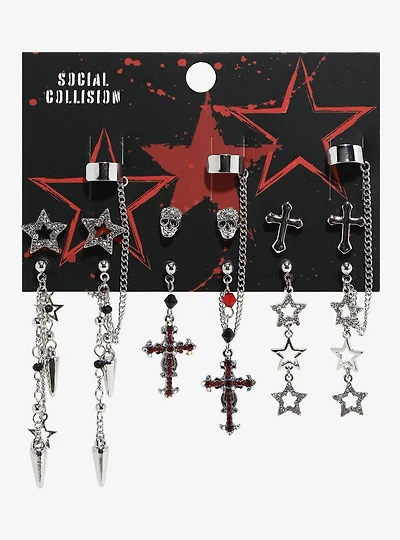 Social Collision Star Cross Skull Bling Cuff Earring Set
