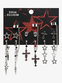 Social Collision Star Cross Skull Bling Cuff Earring Set