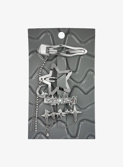 Silver Wavy Drippy Star Hair Clip Set