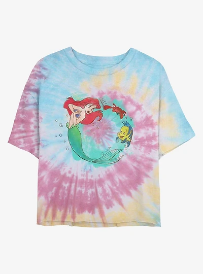 Disney The Little Mermaid Ariel Sebastian and Flounder Womens Tie-Dye Crop T-Shirt