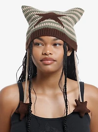 Brown & Green Stripe Star Ear Tassel Beanie