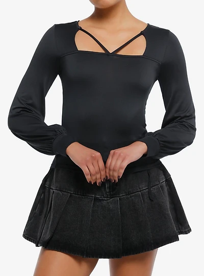 Black Strappy Girls Balloon Sleeve Top