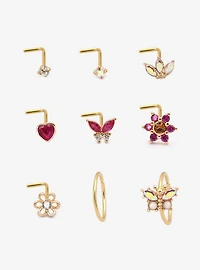 Steel Pink Butterfly Flower Nose Stud & Hoop 9 Pack