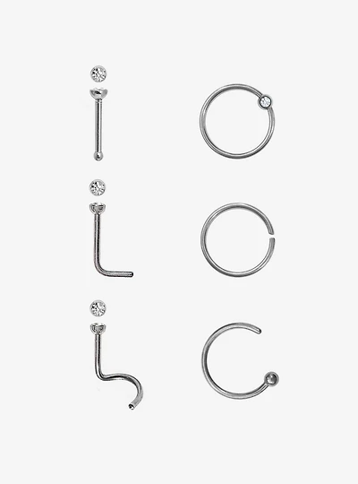 Steel Silver Gem Nose Hoop & Stud 6 Pack