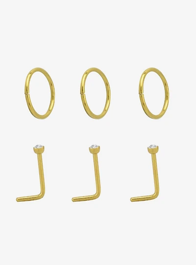 Steel Gold Gem Nose Stud & Hoop 6 Pack