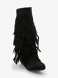 Yoki Black Faux Suede Fringe Boots