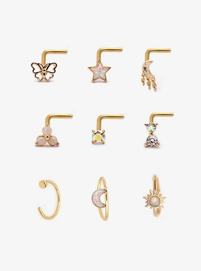 Steel Gold Celestial Butterfly Nose Stud & Hoop 9 Pack