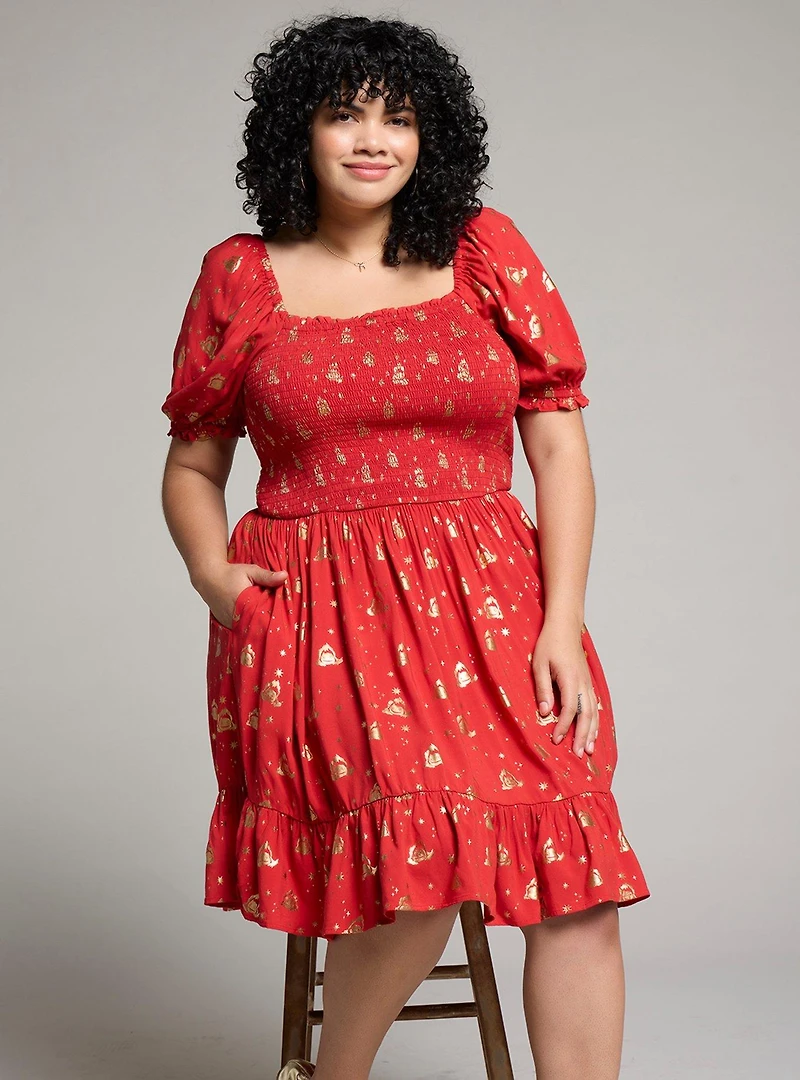 Studio Ghibli Howl's Moving Castle Calcifer & Stars Allover Print Plus Smock Dress - BoxLunch Exclusive