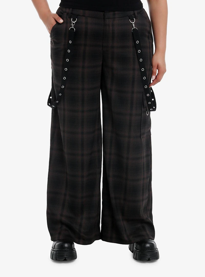 Black & Brown Plaid Grommet Suspender Wide Leg Pants Plus Size