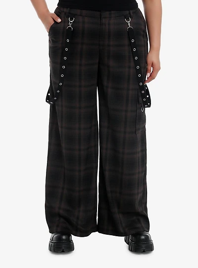 Black & Brown Plaid Grommet Suspender Wide Leg Pants Plus Size