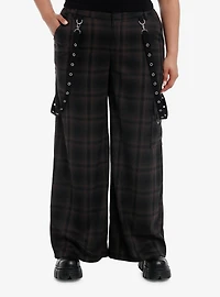Black & Brown Plaid Grommet Suspender Wide Leg Pants Plus Size