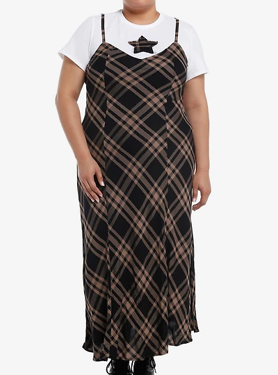 Brown & Black Plaid Star Twofer Maxi Dress Plus Size