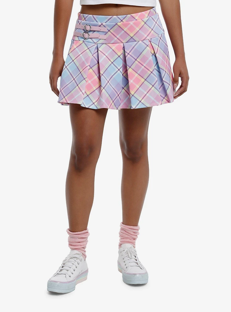 Sweet Society Pastel Plaid Heart Buckle Pleated Skirt