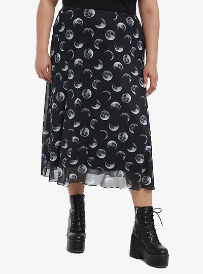 Cosmic Aura Moon Phase Mesh Midi Skirt Plus Size