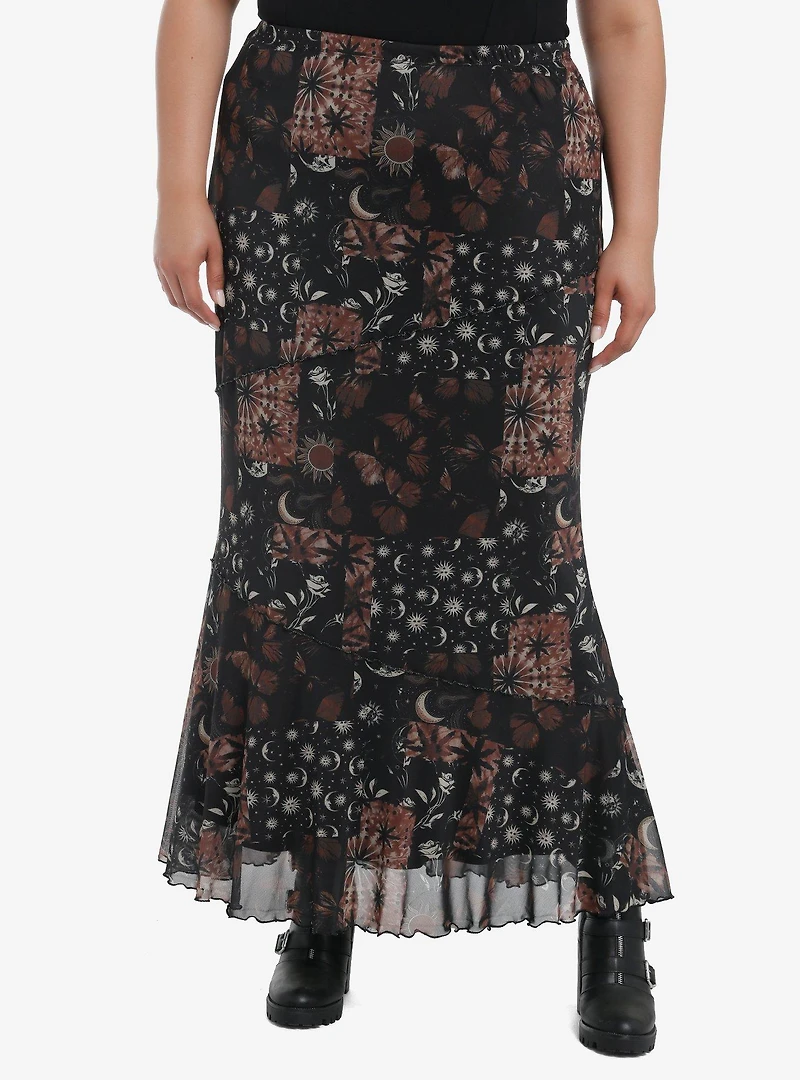Cosmic Aura Brown & Black Celestial Patchwork Mermaid Maxi Skirt Plus Size