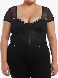 Black Pyramid Stud Mesh Girls Corset Top Plus Size