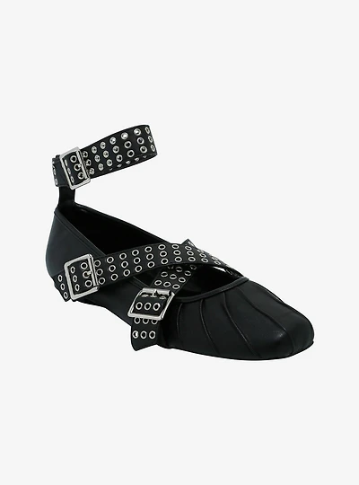 Azalea Wang Black Grommet Buckle Ballet Flats