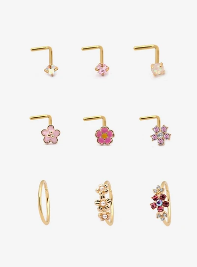 Steel Pink Flower Nose Stud & Hoop 9 Pack