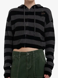 Social Collision Black & Grey Stripe Destructed Girls Crop Hoodie