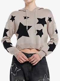 Social Collision Black Star Destructed Girls Crop Hoodie