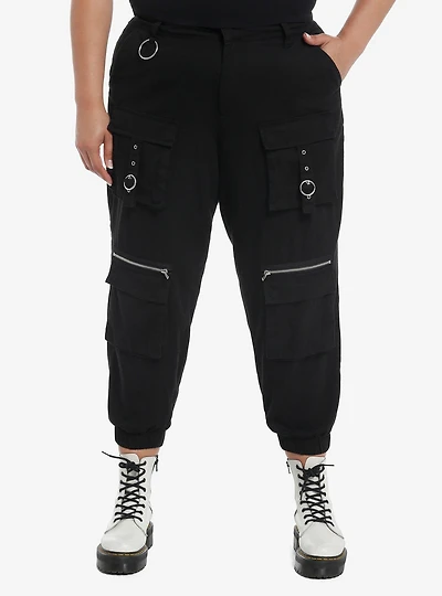 Black Zipper Grommet Cargo Jogger Pants Plus Size
