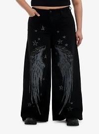Black & Grey Wing Star Print Wide Leg Jeans Plus Size