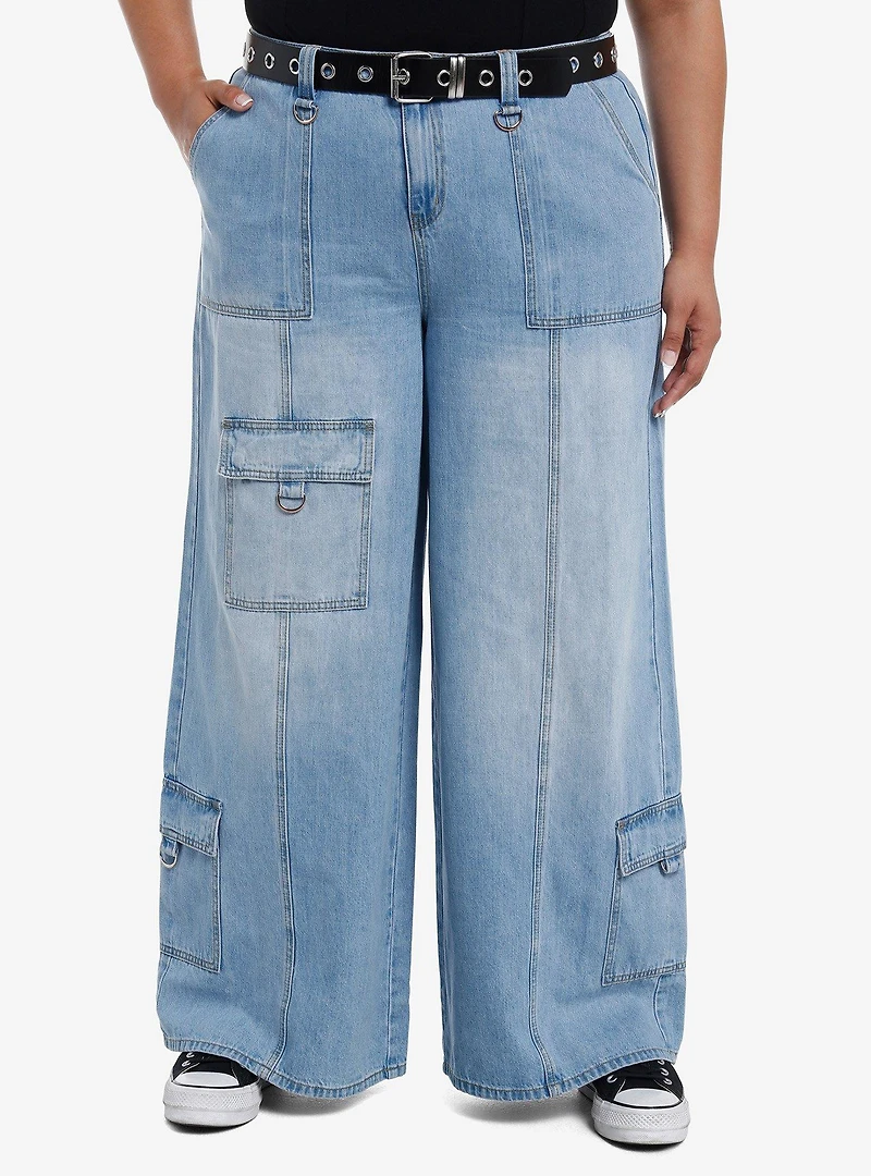 Grommet Belt Hardware Denim Cargo Pants Plus Size