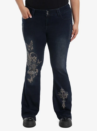 Dark Indigo Butterflies & Skulls Low-Rise Girls Flare Jeans Plus Size