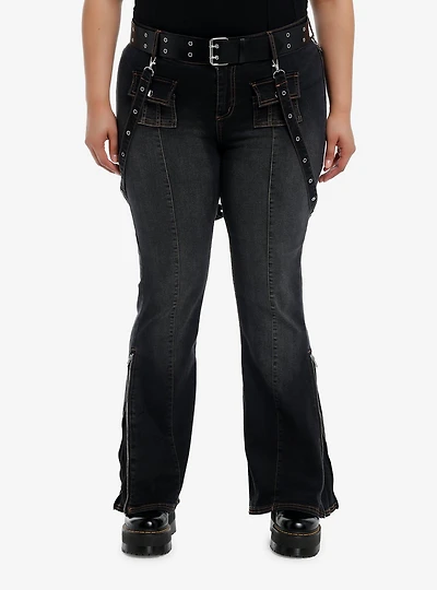 Dark Wash Grommet Suspender Flare Denim Pants With Belt Plus Size