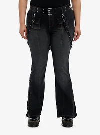 Dark Wash Grommet Suspender Flare Denim Pants With Belt Plus Size