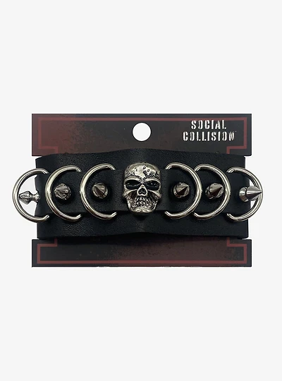 Social Collision Skull Spiked Faux Leather Cuff
