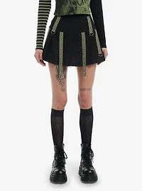 Social Collision Black & Green Grommet Tape Pleated Skirt