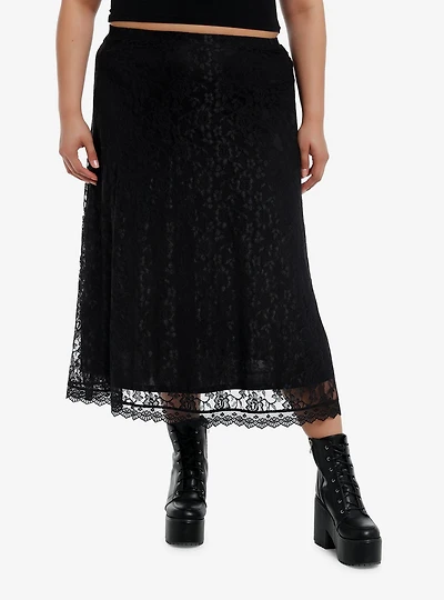Cosmic Aura Black Floral Lace Midi Skirt Plus Size