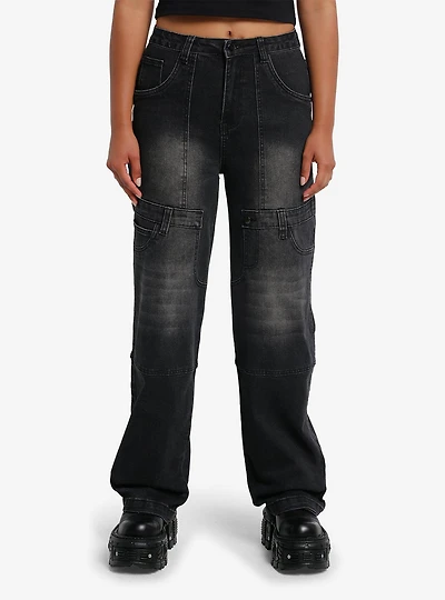 Black Wash Patch Wide Leg Jeans