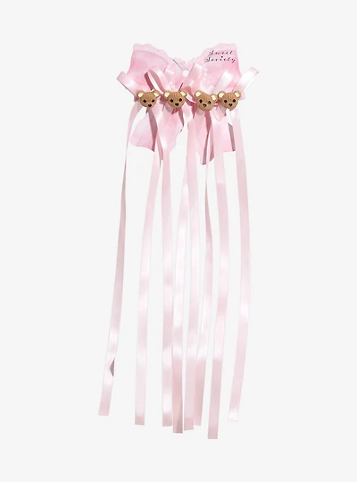 Sweet Society Teddy Bear Pink Long Hair Bow Set