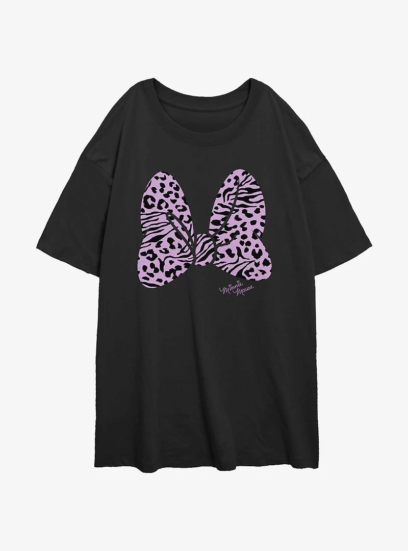 Disney Minnie Mouse Animal Print Bow Womens Oversized T-Shirt