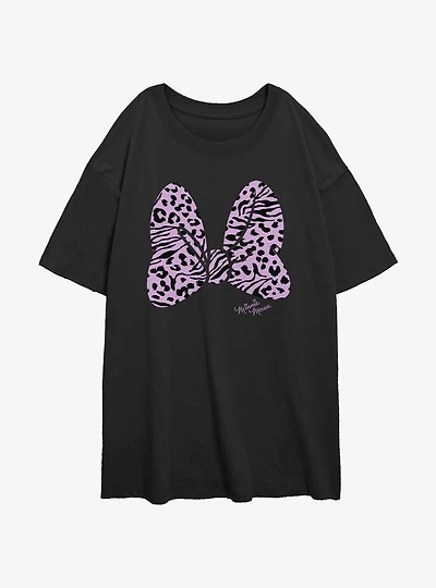 Disney Minnie Mouse Animal Print Bow Womens Oversized T-Shirt