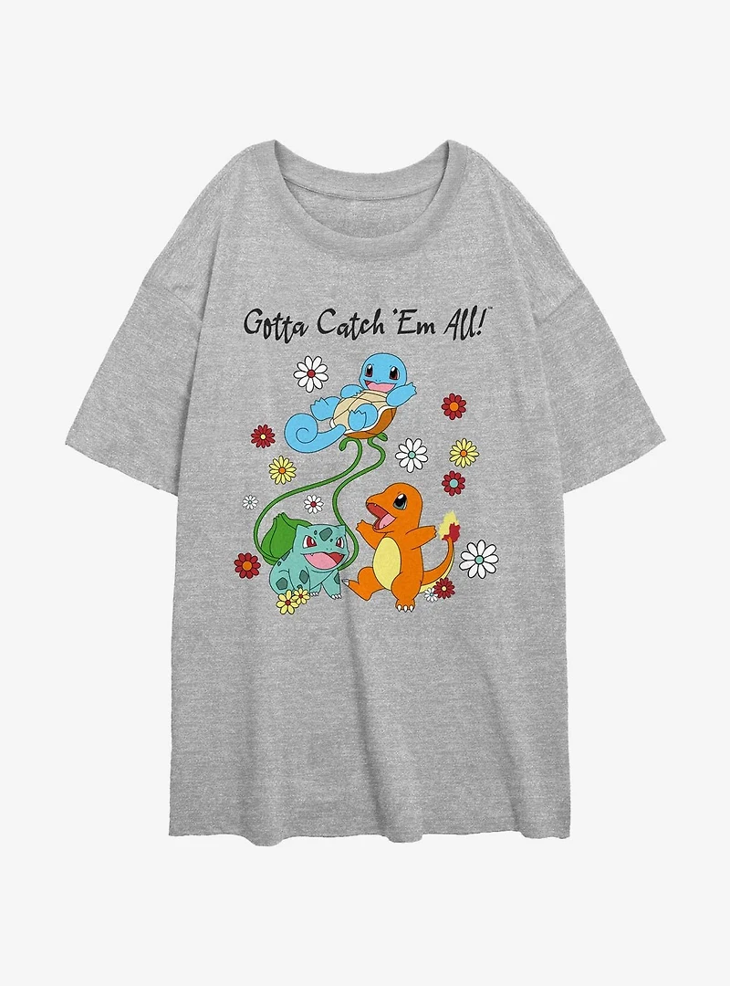 Pokemon Catch Em All Flowers Womens Oversized T-Shirt