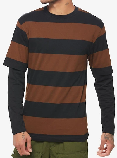 Black & Brown Stripe Twofer Long-Sleeve T-Shirt