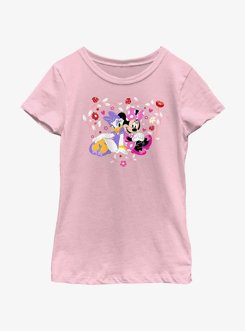 Disney Mickey Mouse Minnie And Daisy Flowers Heart Youth Girls T-Shirt