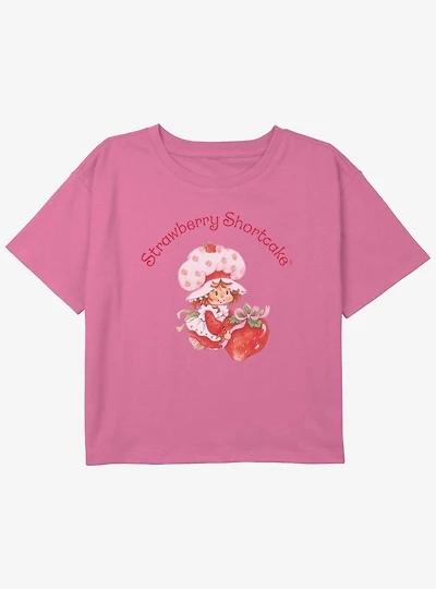 Strawberry Shortcake Bows & Strawberries Portrait  Youth Girls Boxy Crop T-Shirt